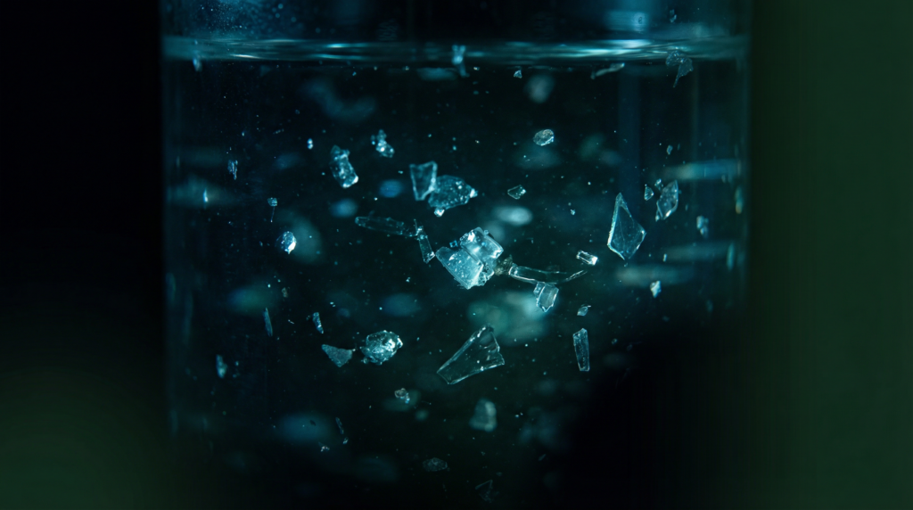 Microplastic particles suspended in dark water — representing invisible plastic contamination inside the human body