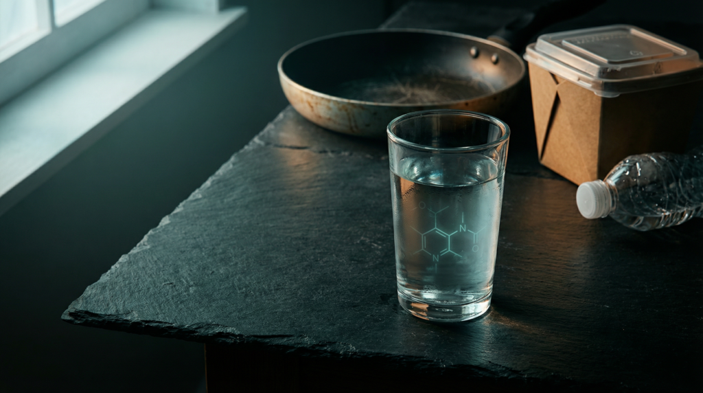Glass of water with chemical molecular structure visible inside, surrounded by non-stick pan, takeout container, and plastic bottle — representing PFAS forever chemicals in everyday products