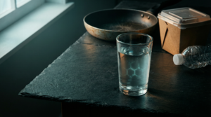 Glass of water with chemical molecular structure visible inside, surrounded by non-stick pan, takeout container, and plastic bottle — representing PFAS forever chemicals in everyday products
